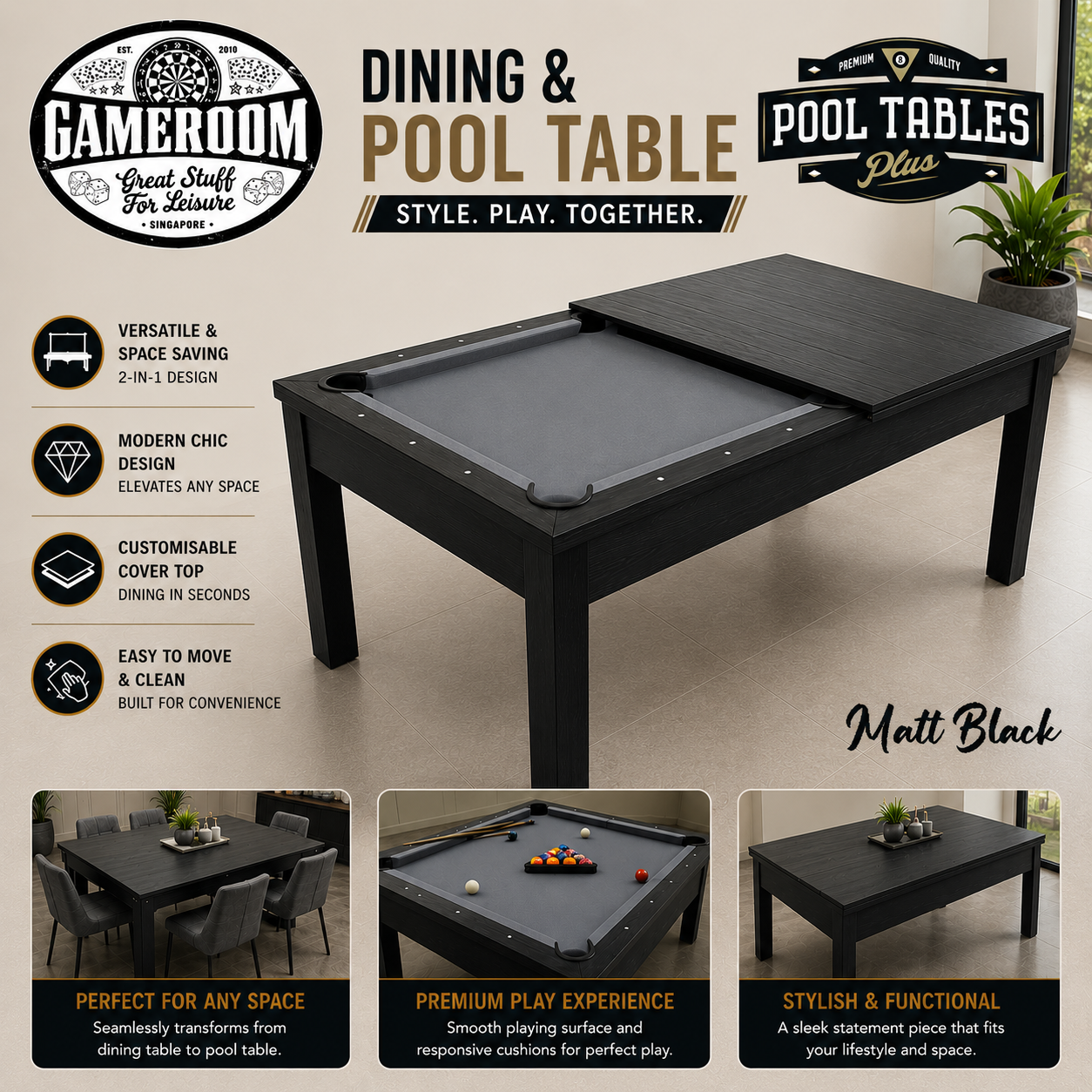 6ft Classic Dining Pool Table (MATT BLACK)