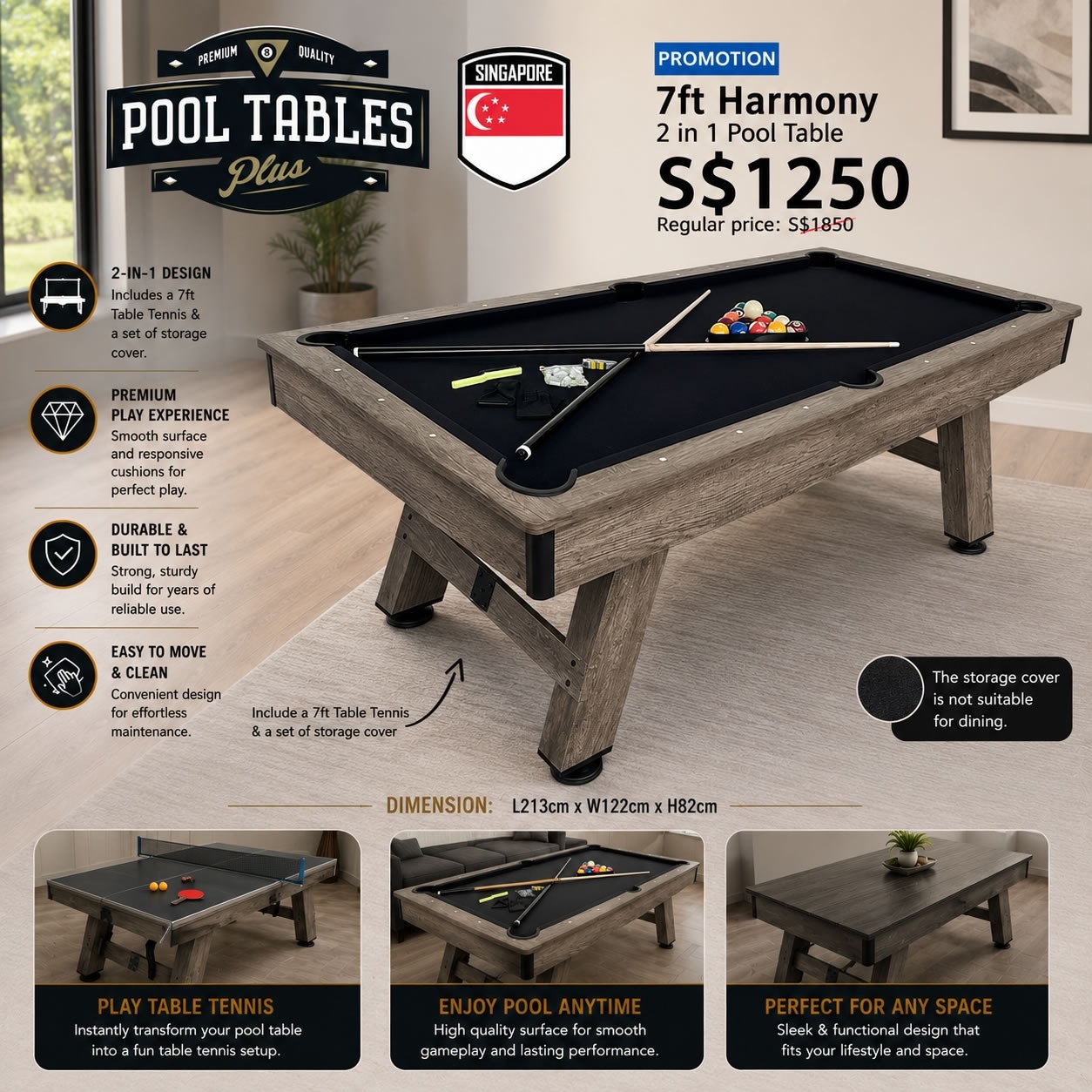 7ft Harmony 2 in 1 Pool Table