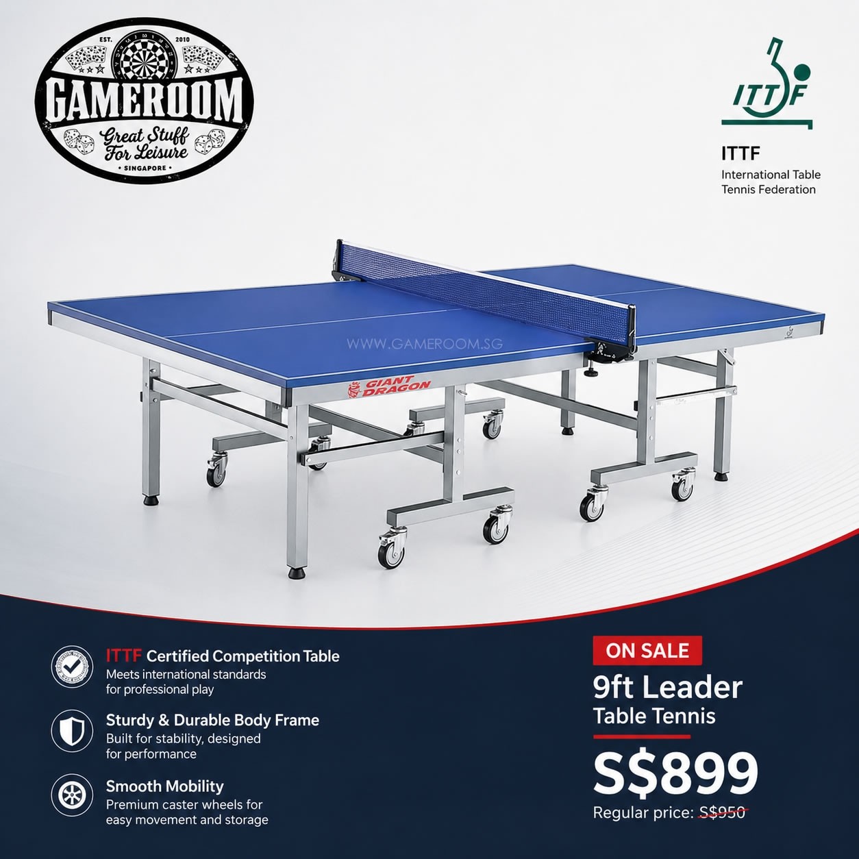 9ft LEADER Edition Table Tennis (ITTF Approved)