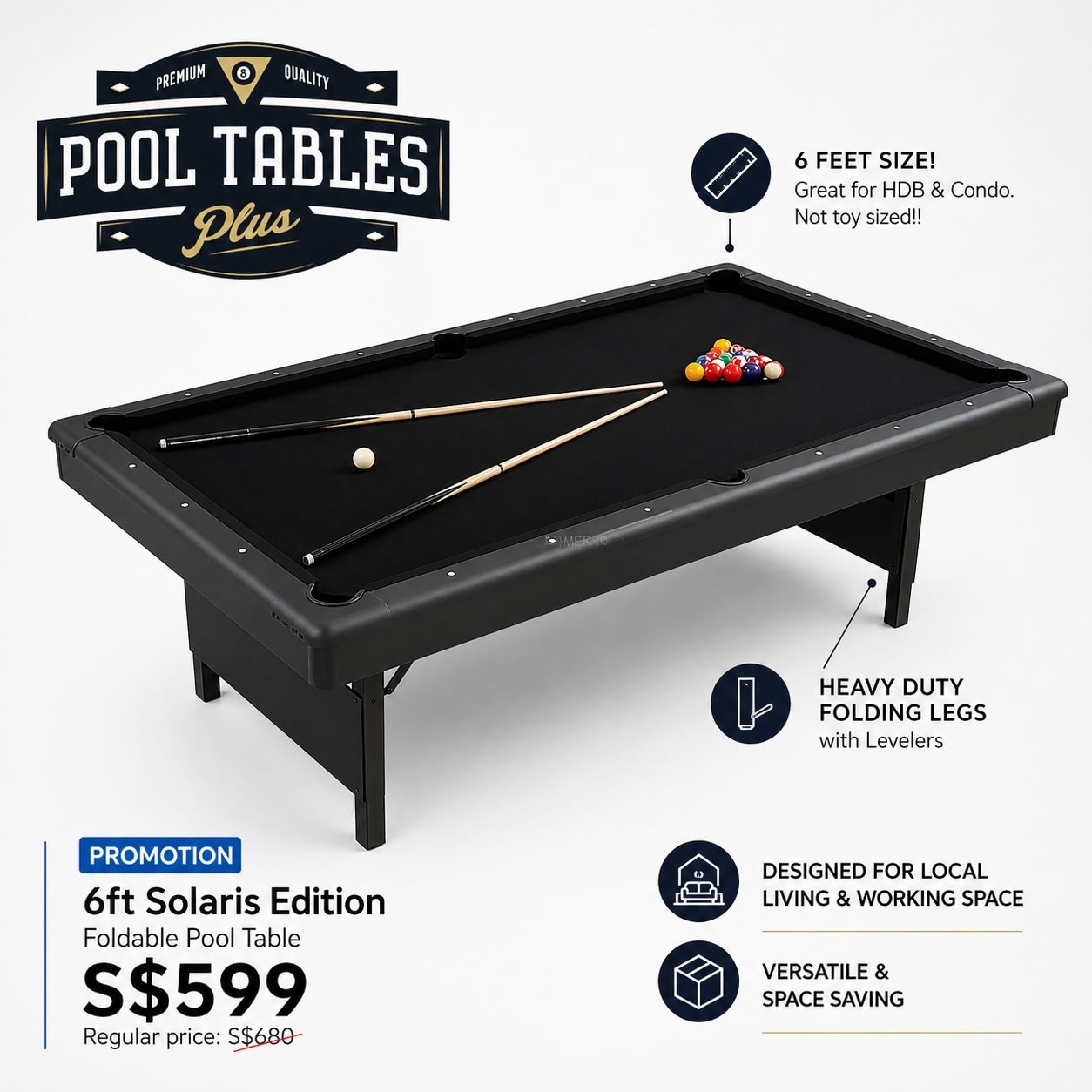 6ft Solaris Foldable Pool Table