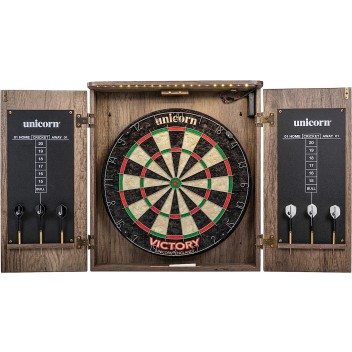 18" Bristle Dartboard w/ Barnwood Style Cabinet Set. LED Down Light.